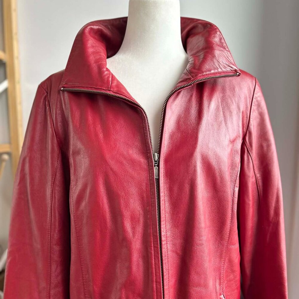 Danier Red Leather Longline Jacket w/ Removable Zip-Out Vest & Zip Cuffs – US L